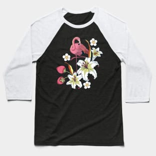 Tropical Flamingo and Flowers Baseball T-Shirt